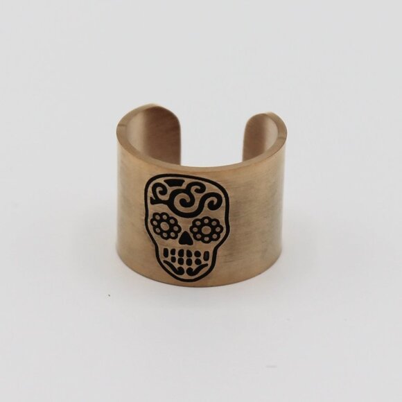 Jewelry ring band wide size 6.5 adjustable skull Dia de Muertos rose gold tone - Picture 1 of 7